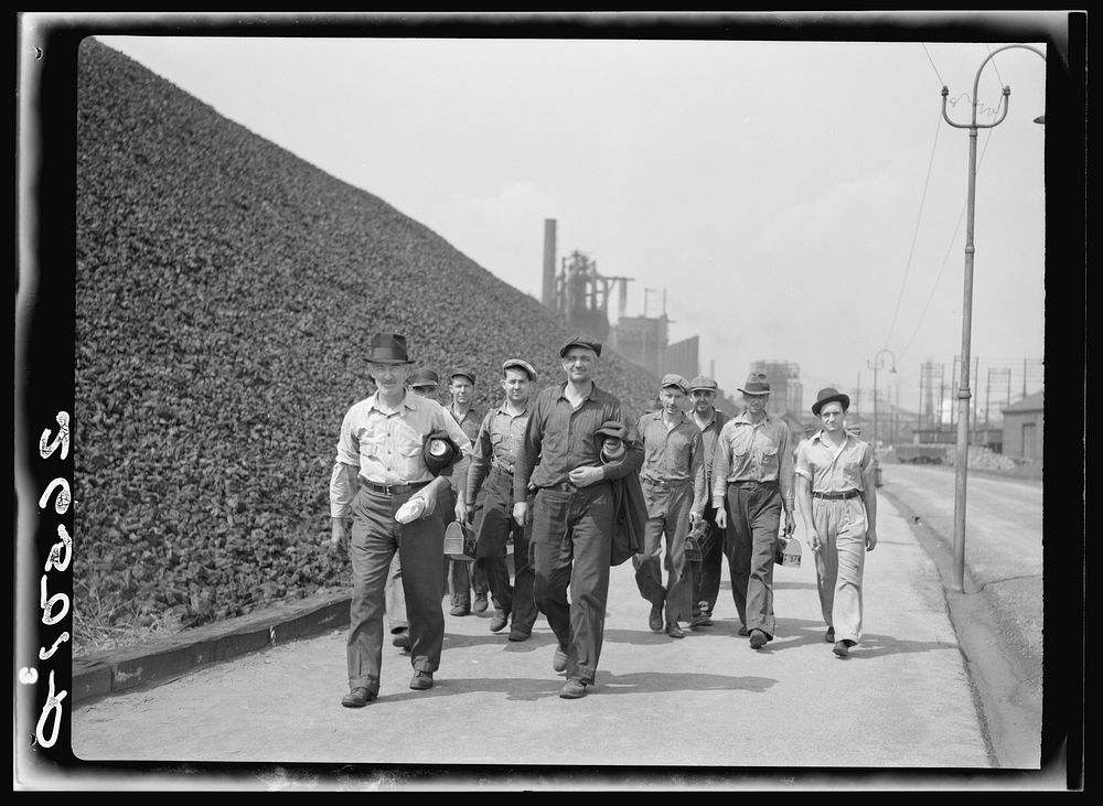 Change of shift at the steel plant. Aliquippa, Pennsylvania. Sourced from the Library of Congress.