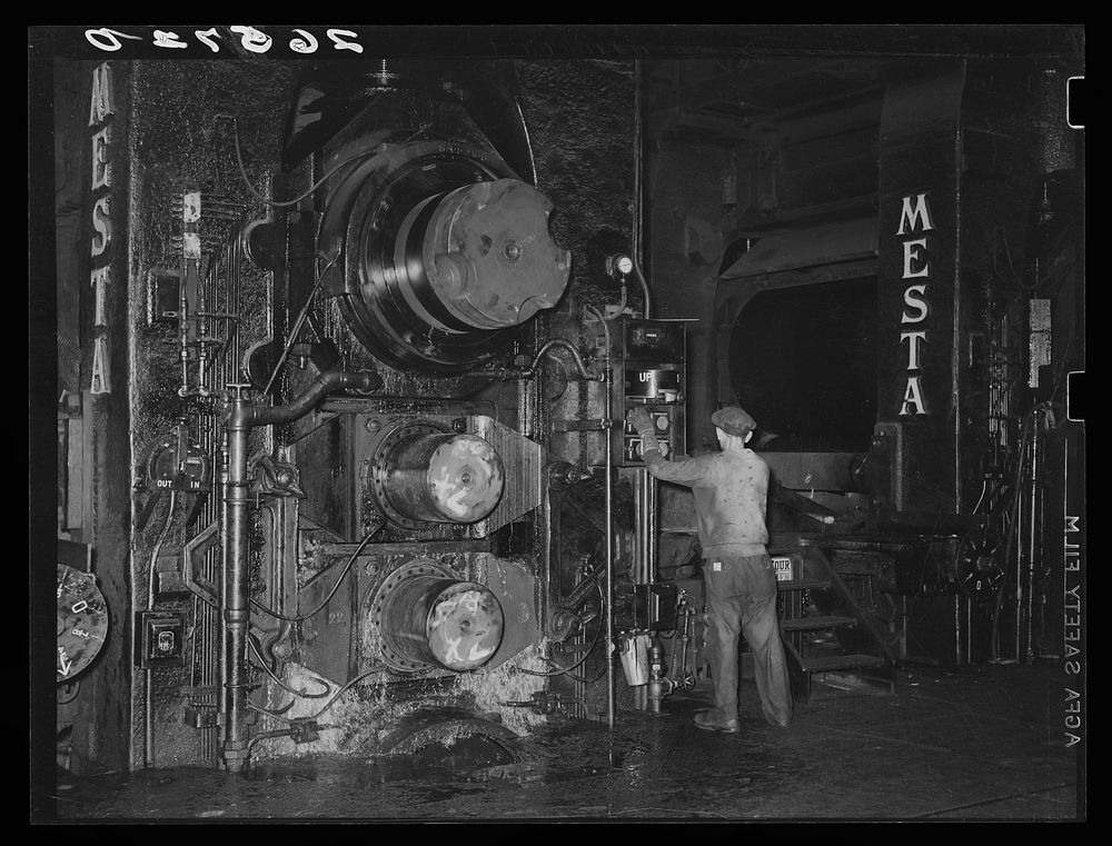 A section of the big rollers that make sheet steel. Pittsburgh, Pennsylvania. Sourced from the Library of Congress.