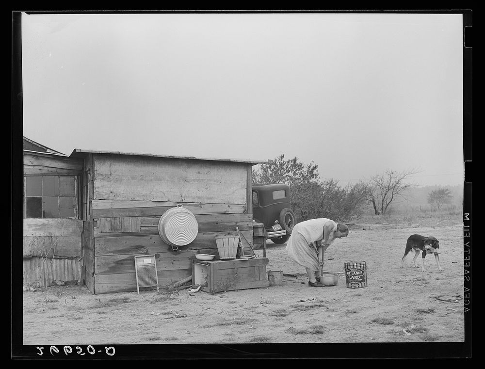 Farmer's wife preparing mash for chickens on sub-marginal farm. Burlington County, New Jersey. Sourced from the Library of…