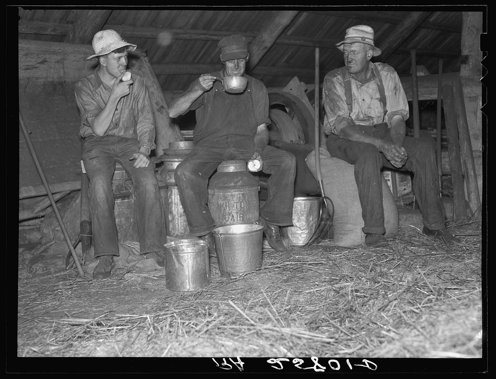 Threshers stopping for a drink. Caledonia County, Vermont. Sourced from the Library of Congress.