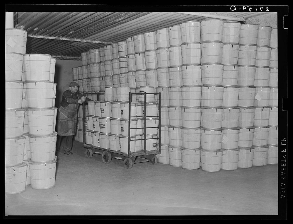 Cold storage warehouse. Jersey City, New Jersey. Butter stored in "freezer room". Sourced from the Library of Congress.