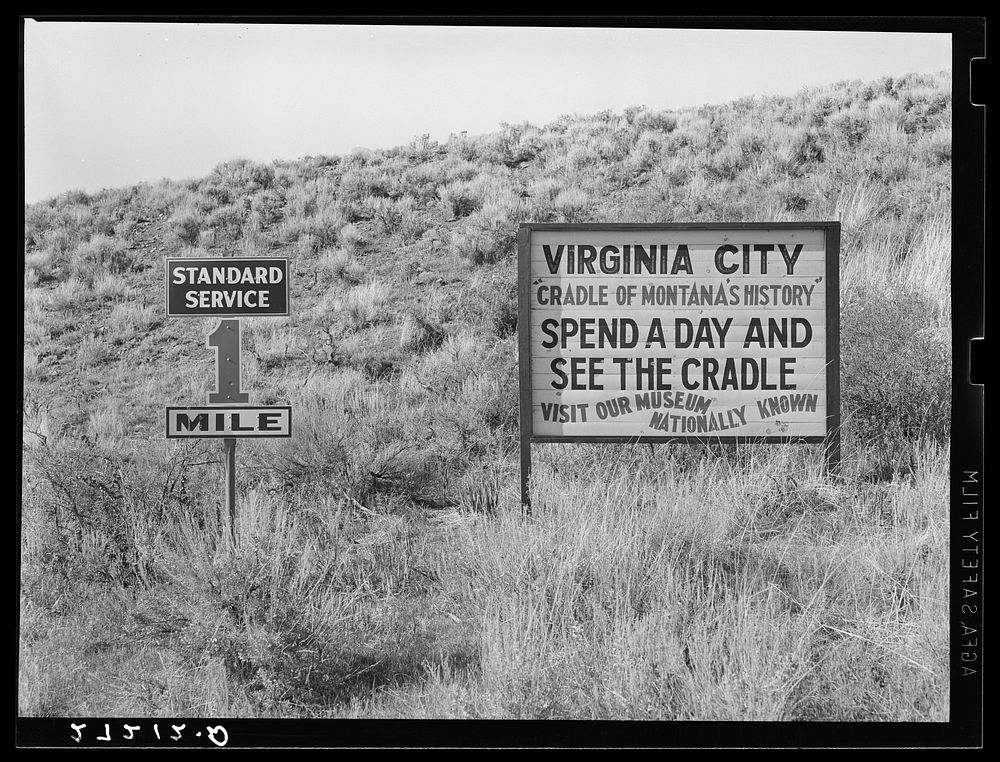 Signs on road to Virginia City, Montana. Sourced from the Library of Congress.