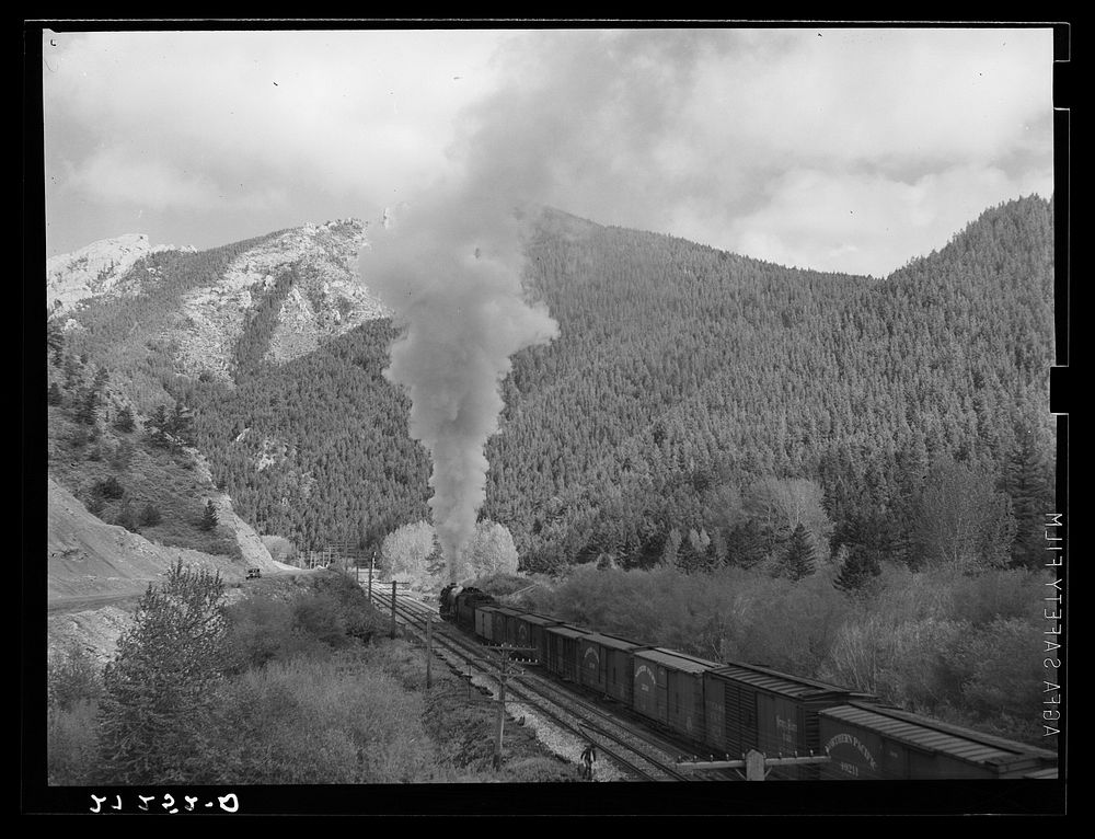 Northern Pacific freight train going over Bozeman Pass. Gallatin County, Montana. Sourced from the Library of Congress.