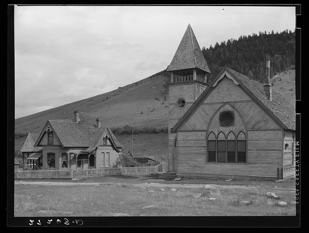 Mine owner's home and church. Pony, Montana. Sourced from the Library of Congress.