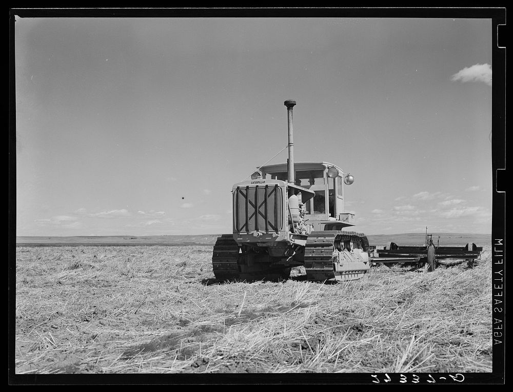 Tractor with noble blade on Sheffels' wheat farm. Cascade County, Montana. Sourced from the Library of Congress.