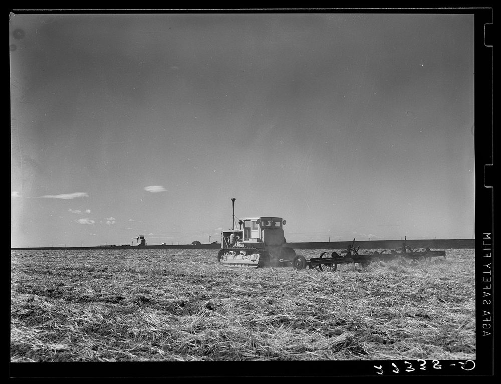 [Untitled photo, possibly related to: Tractor pulling a noble blade along a fallow strip on Henry Sheffels' farm. Cascade…