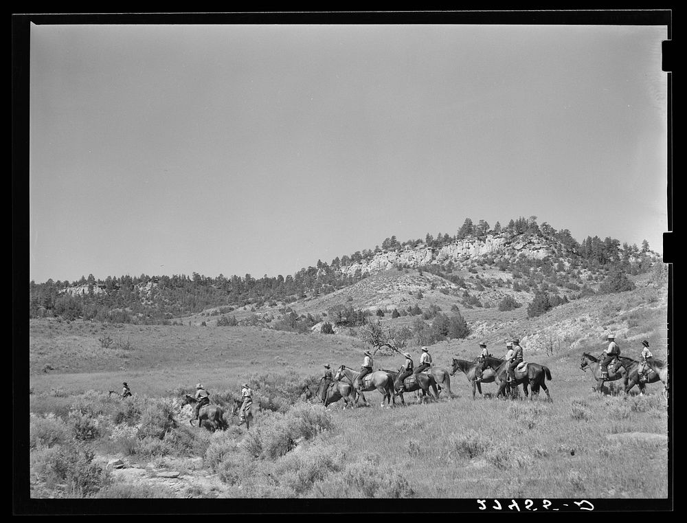 Dudes out for a morning ride. Quarter Circle 'U' Ranch, Montana. Sourced from the Library of Congress.
