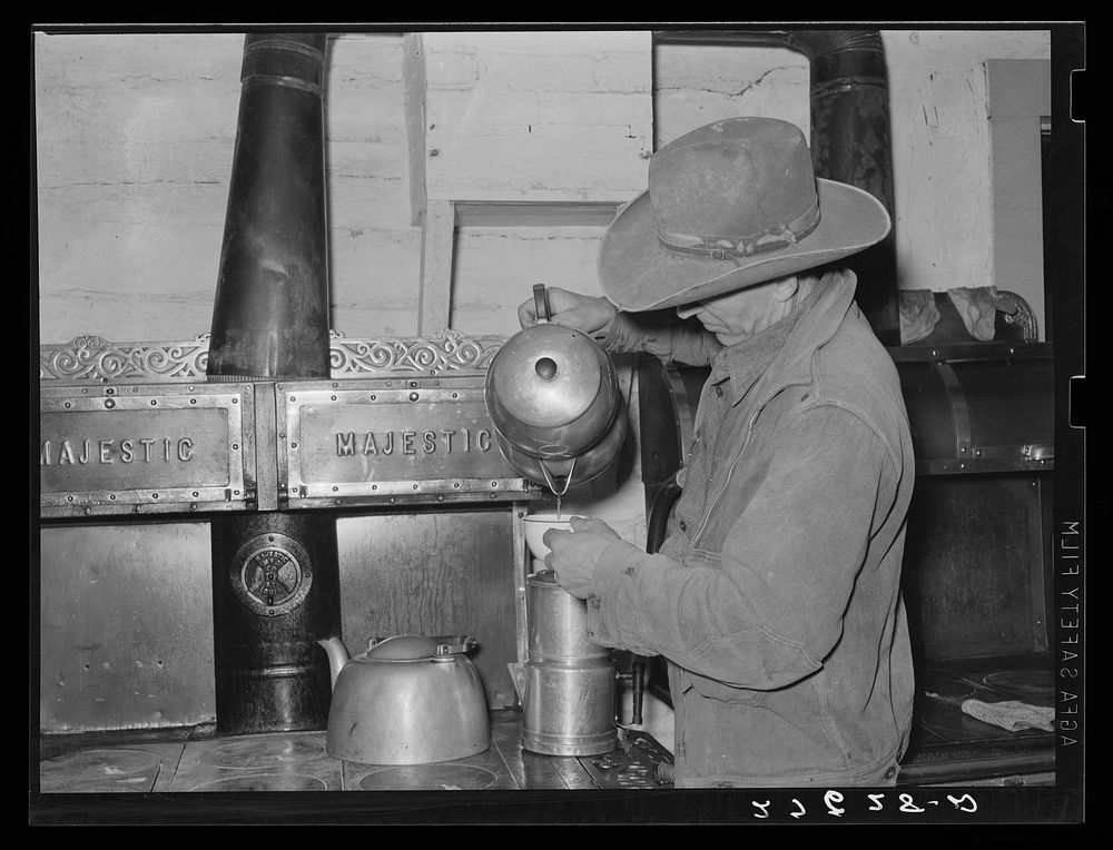 Hot coffee is always on the kitchen stove. Quarter Circle 'U' Ranch, Montana. Sourced from the Library of Congress.