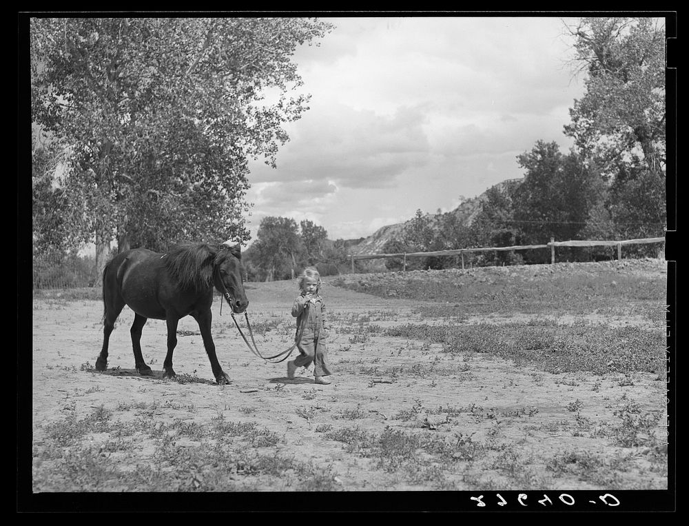 Girl with pony. Warren Brewster ranch. Montana. Sourced from the Library of Congress.