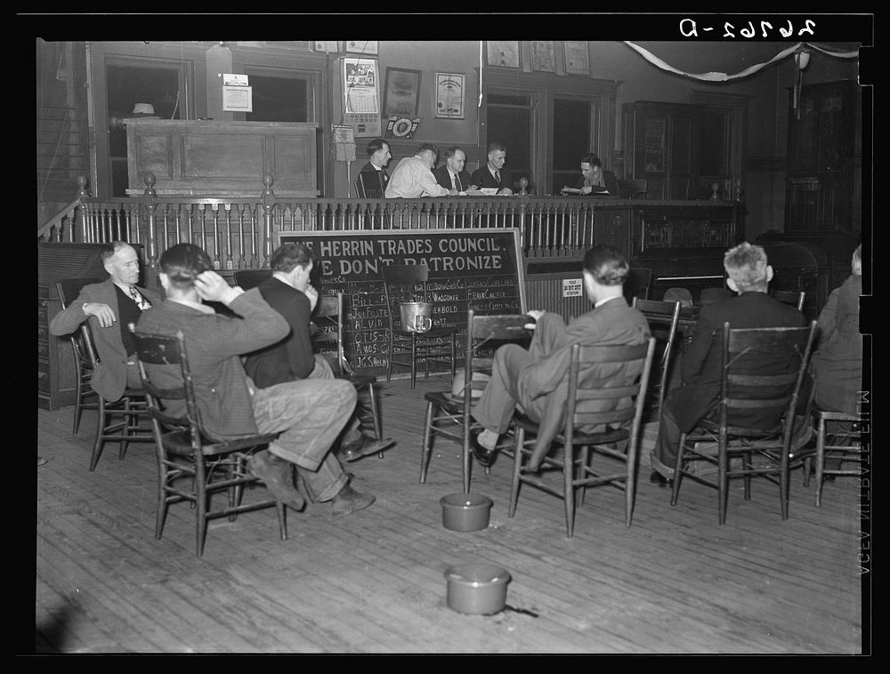[Untitled photo, possibly related to: Officers of local of UMWA (United Mine Workers of America) at meeting. Herrin…