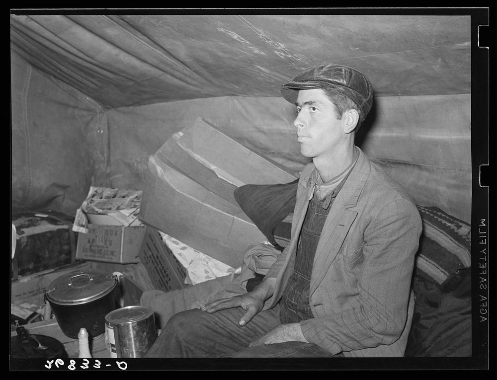Evicted sharecropper in tent along Highway Number 60. New Madrid County, Missouri. Sourced from the Library of Congress.