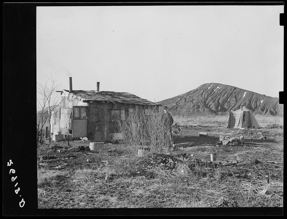 A shanty and tent on the city dump at Herrin, Illinois. Sourced from the Library of Congress.