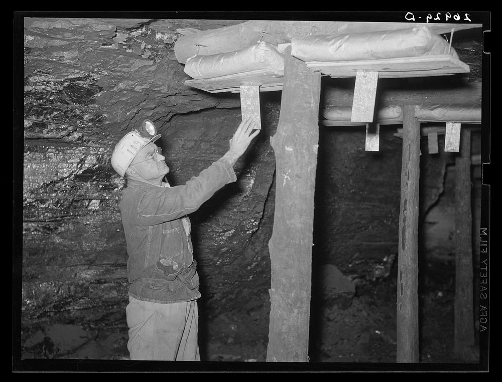 Safety engineer with rock dust traps to prevent spread of mine explosions. Old Ben number eight. West Frankfort, Illinois.…