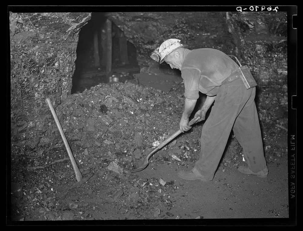 Hand loader. Before the introduction of machinery this method was used. Old Ben number eight mine. West Frankfort, Illinois.…