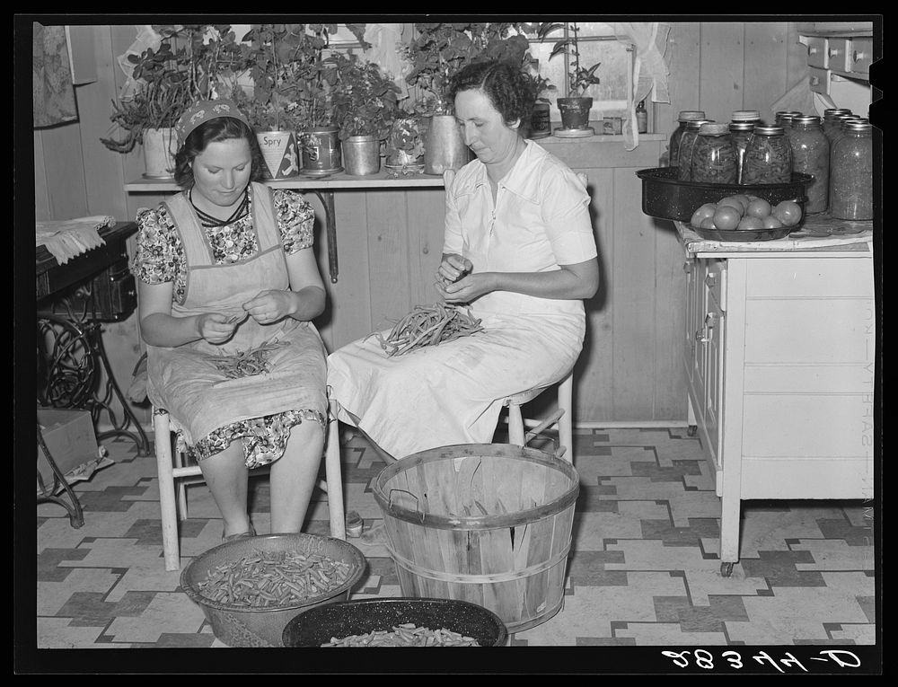 Wife of resettlement borrower, San Luis Valley Farms, Colorado, and daughter preparing beans for canning. Sourced from the…