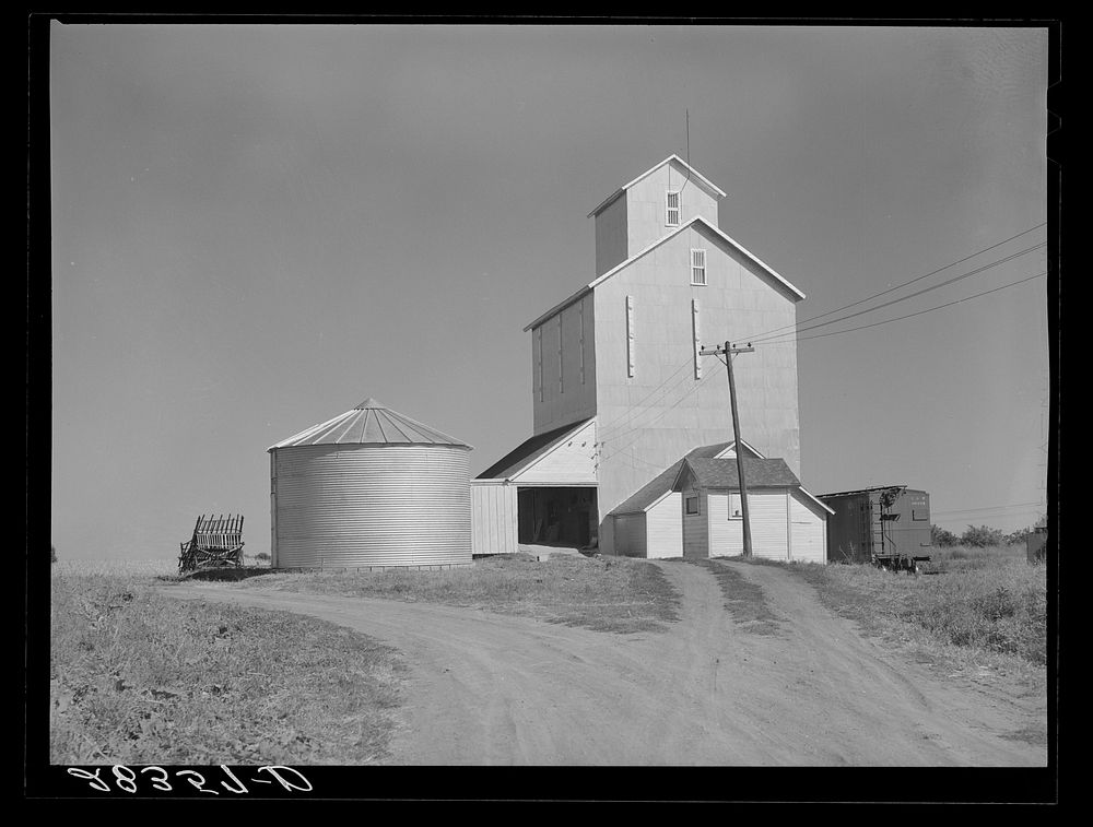 Grain elevator with steel bin for shelled corn storage under ever-normal granary plan. Marshall County, Iowa. Sourced from…