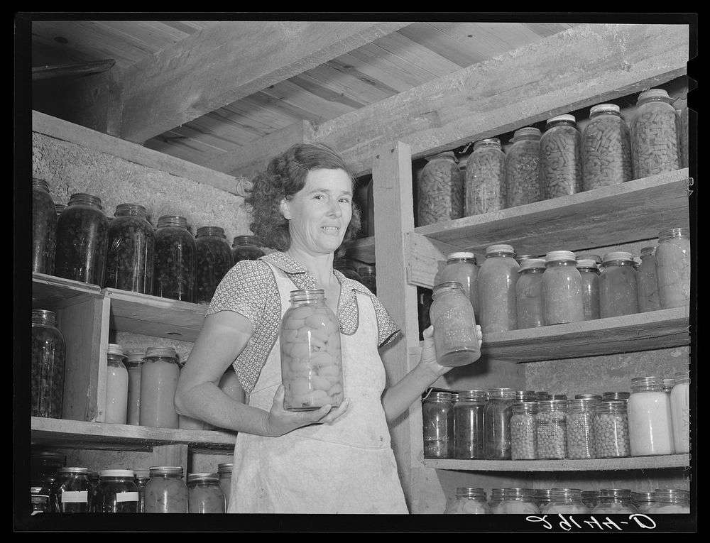 Mrs. Lawrence Corda, wife of tiff miner, with some of her 800 quarts of food canned under supervision of FSA (Farm Security…