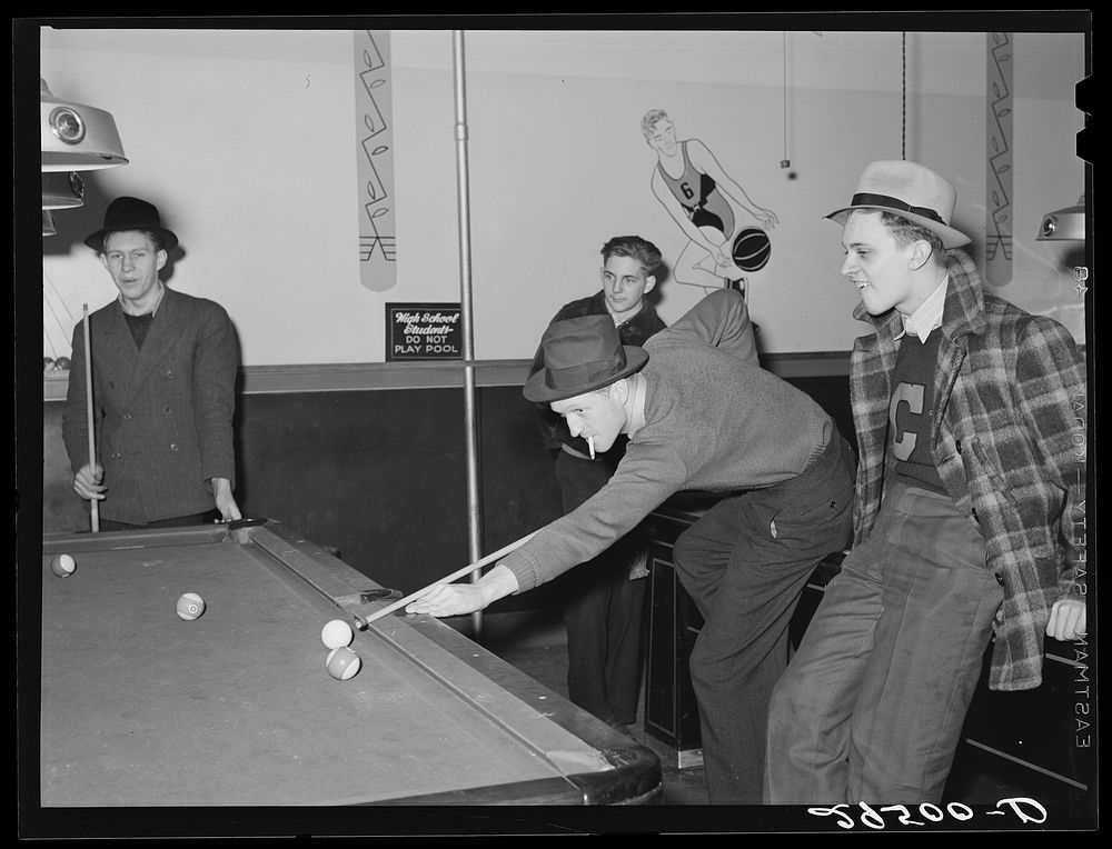 High school students playing pool. Clinton, Indiana. Sourced from the Library of Congress.