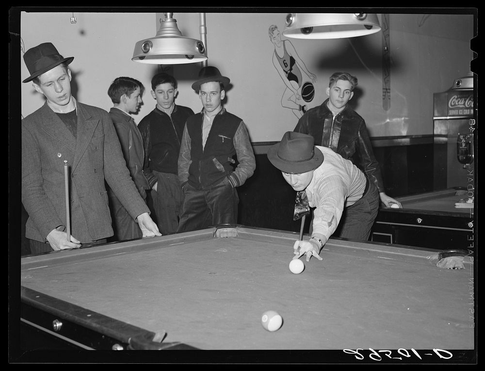Boys in pool parlor. Clinton, Indiana. Sourced from the Library of Congress.