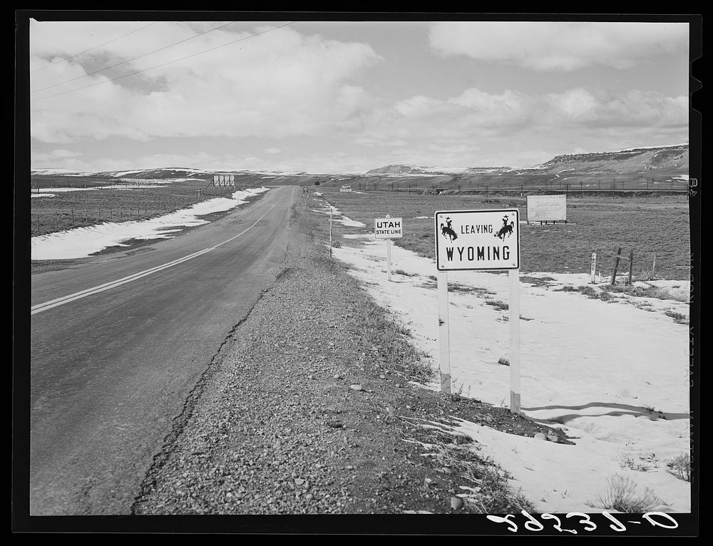 State line. Wyoming--Utah. Sourced from the Library of Congress.