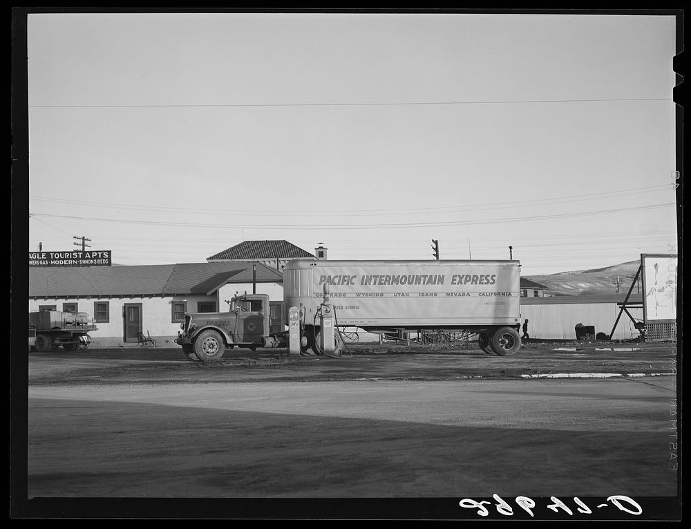 Trailer truck at gas station. Elko, Nevada. Sourced from the Library of Congress.
