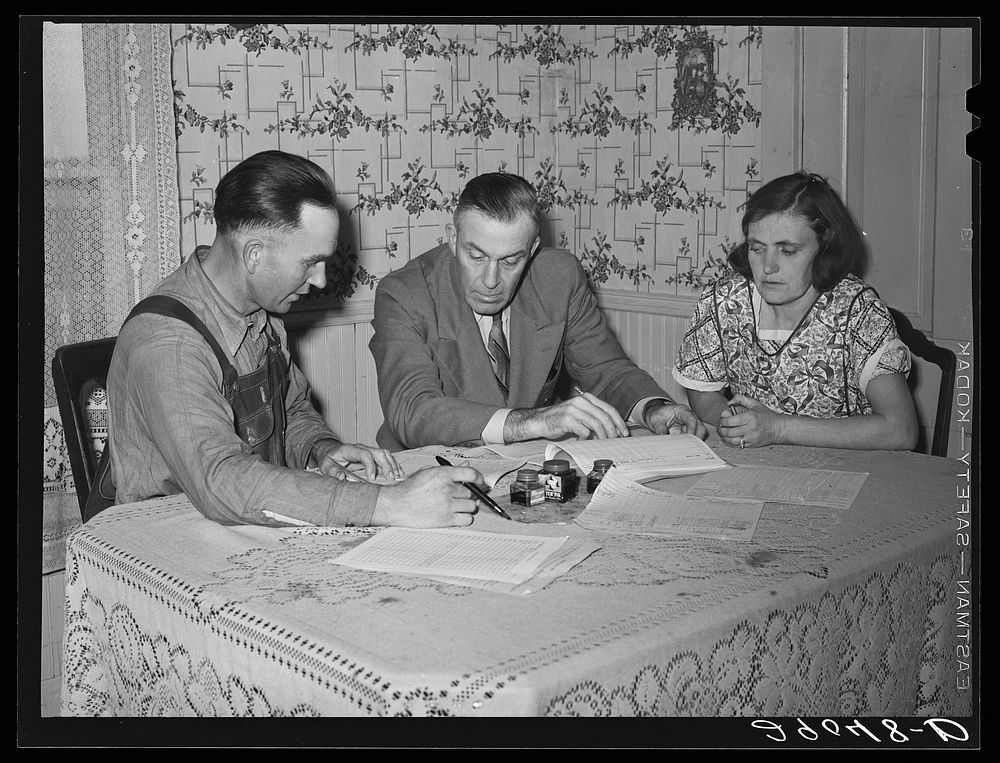 Fred Wilfang and his wife discuss their farm problems with the FSA (Farm Security Administration) supervisor. Black Hawk…