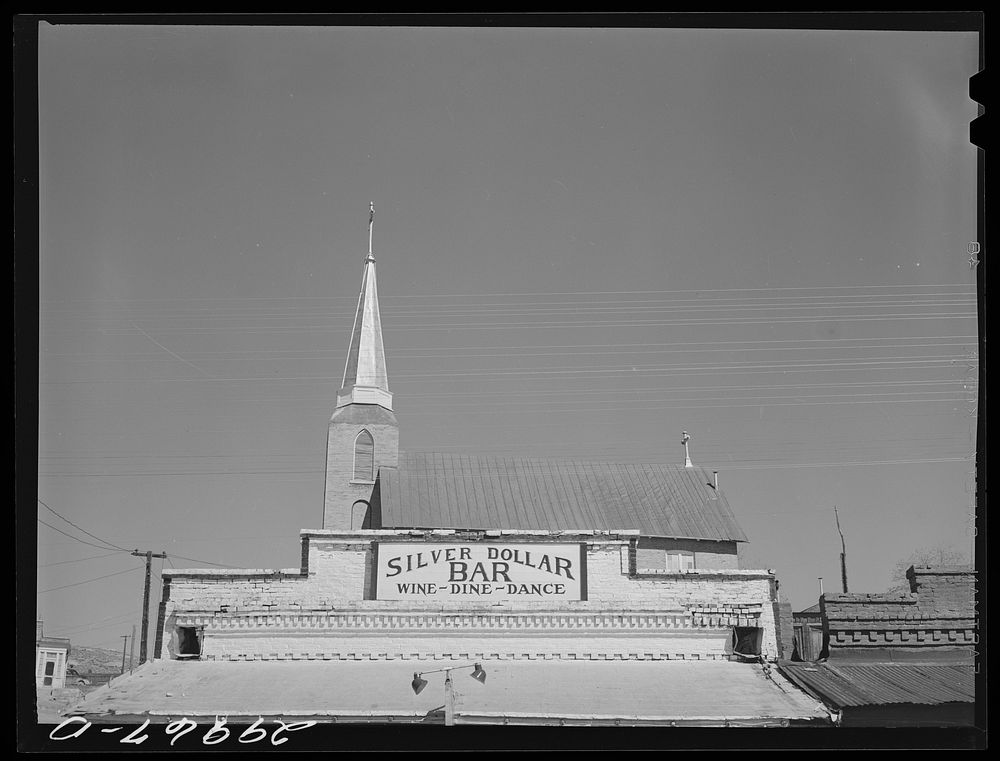 Saloon and church. Austin, Nevada. Sourced from the Library of Congress.