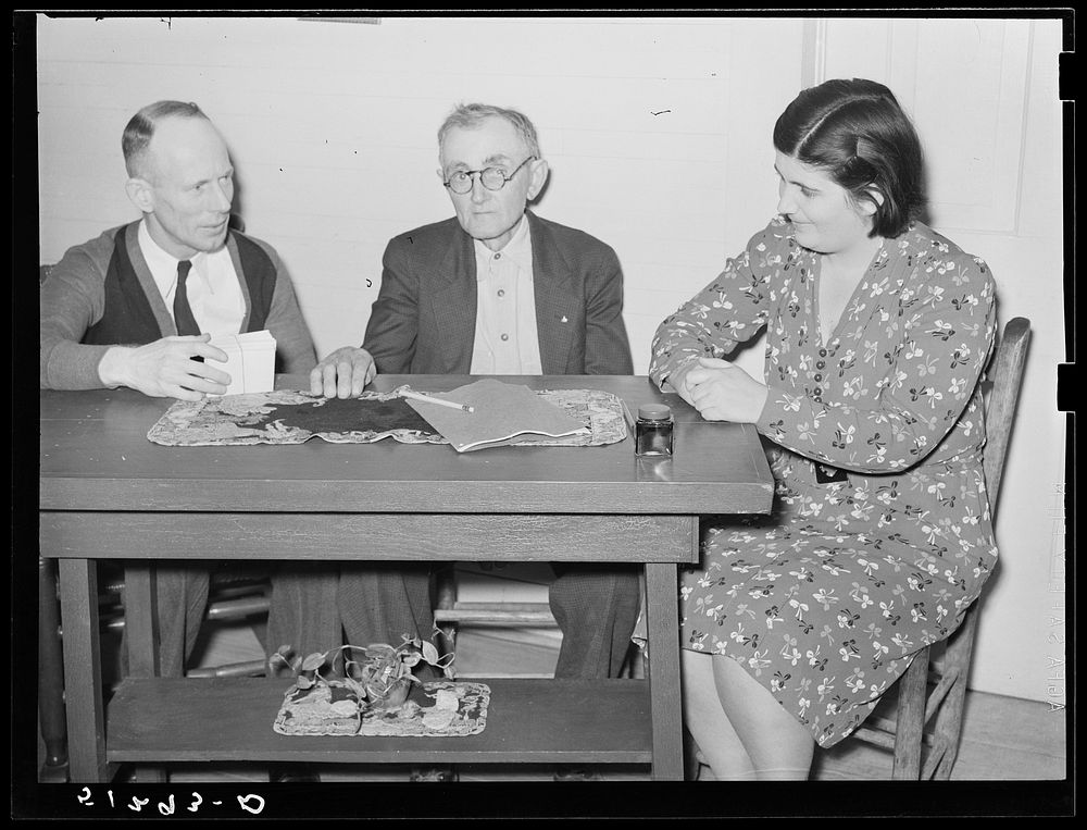 [Untitled photo, possibly related to: Mrs. Helms working out farm plan with FSA (Farm Security Administration) supervisor.…