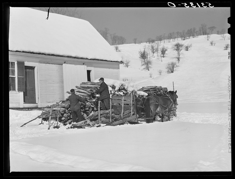[Untitled photo, possibly related to: Sawing wood on farm. Woodstock, Vermont]. Sourced from the Library of Congress.
