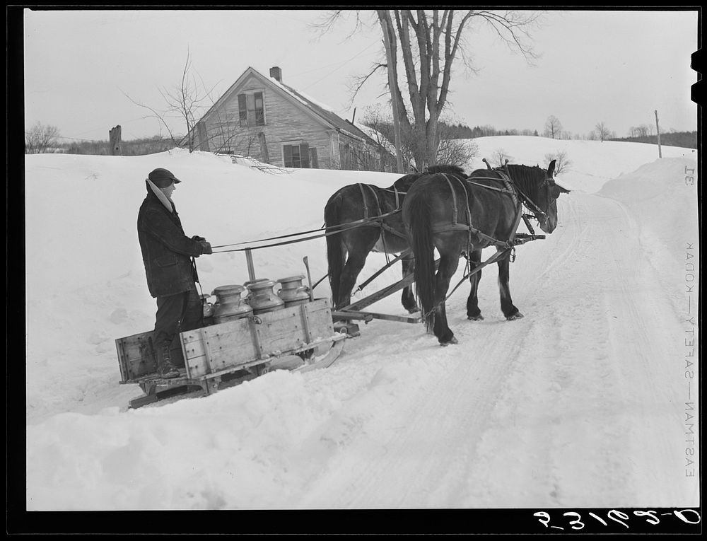 Hauling water in milk cans after pipes have frozen. Putney farm, Woodstock, Vermont. Sourced from the Library of Congress.