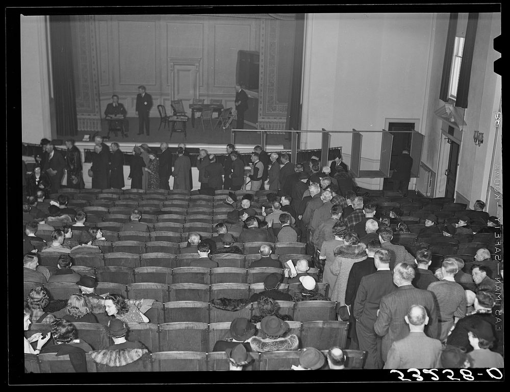 [Untitled photo, possibly related to: Townspeople in town meeting. Woodstock, Vermont]. Sourced from the Library of Congress.