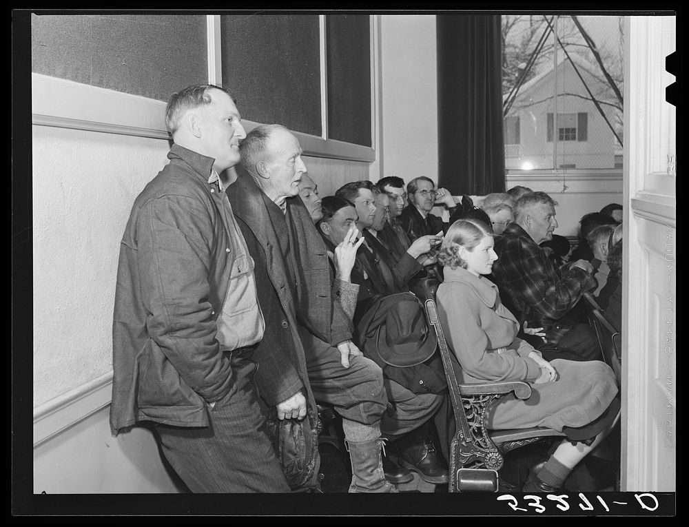 Townspeople at town meeting. Woodstock, Vermont. Sourced from the Library of Congress.