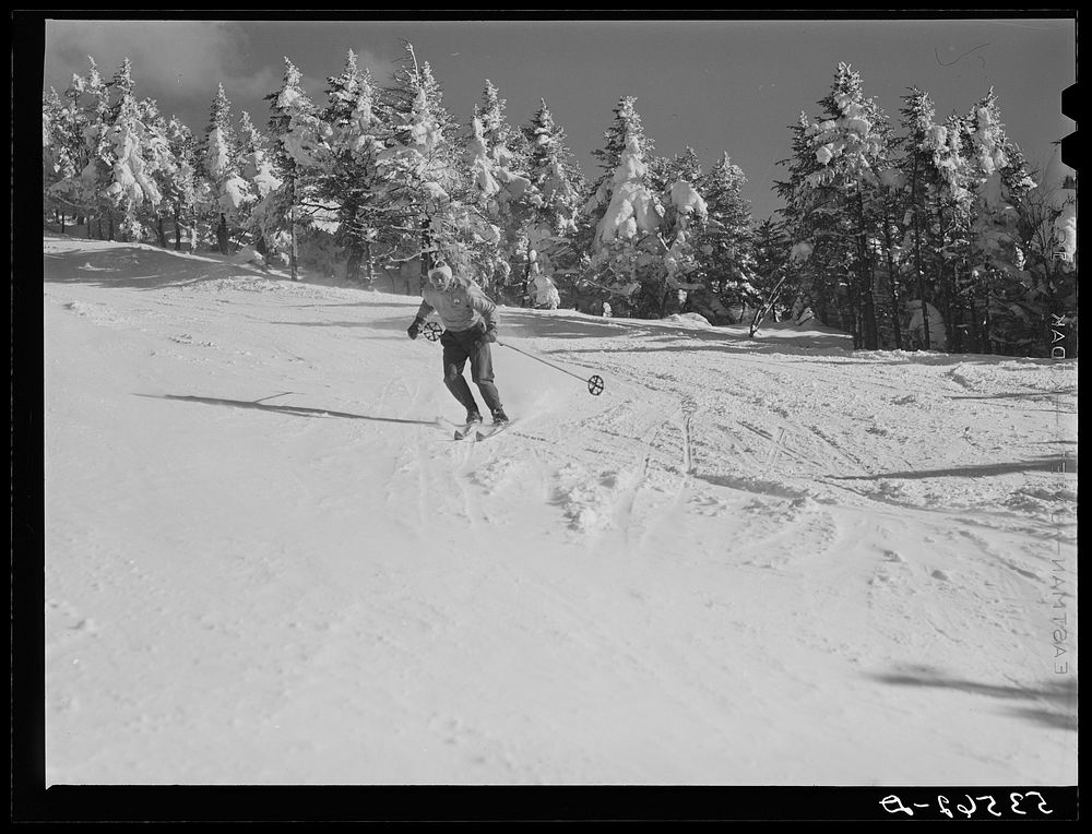 Skier on top of Cannon Mountain. Franconia Notch, New Hampshire. Sourced from the Library of Congress.