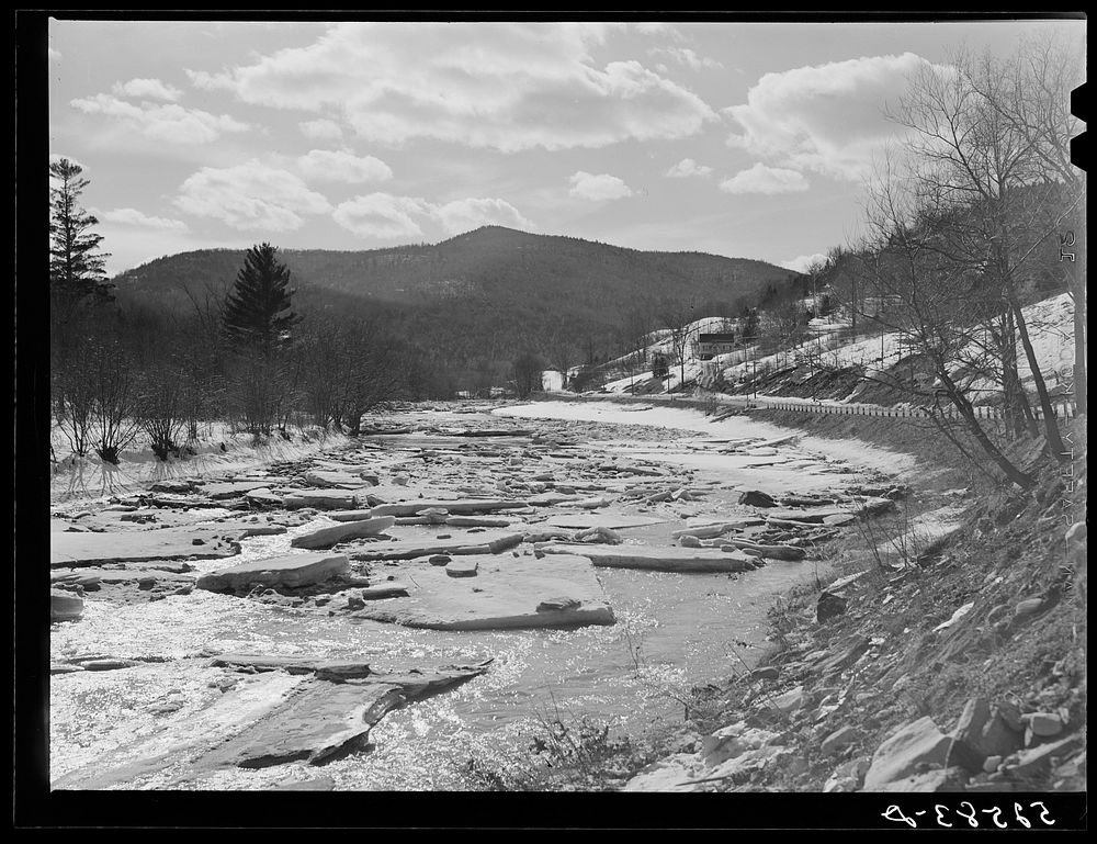 Ice breaking up in river during spring thaw Rutland, Vermont. Sourced from the Library of Congress.