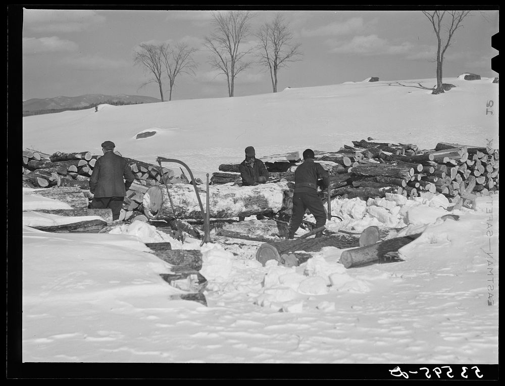 Farmers sawing wood for winter fuel near Littleton, New Hampshire. Sourced from the Library of Congress.