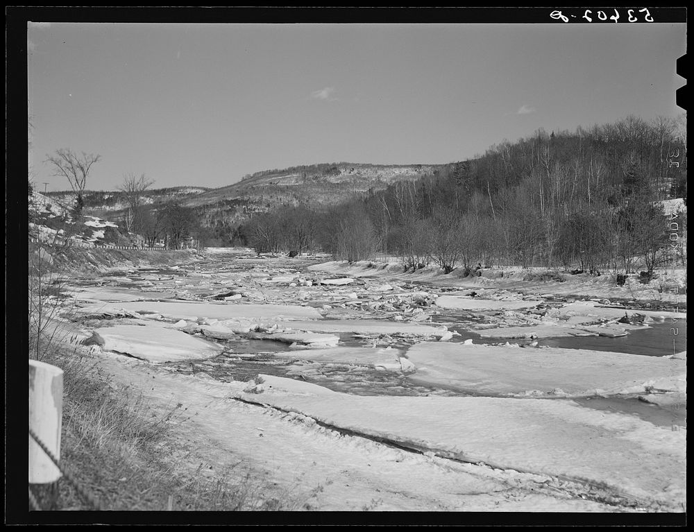 Ice breaking up in river during spring thaw. Rutland, Vermont. Sourced from the Library of Congress.
