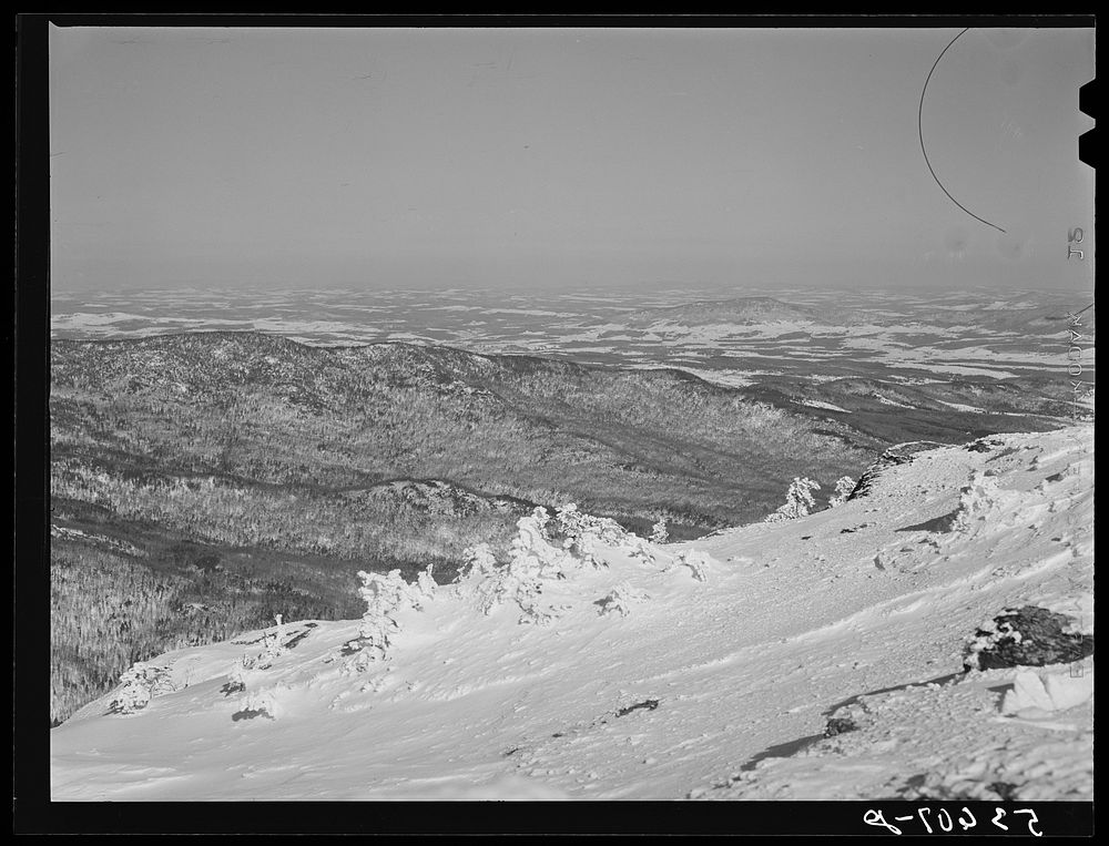 Looking northeast from top of Mount Mansfield. Smugglers Notch near Stowe, Vermont. Sourced from the Library of Congress.