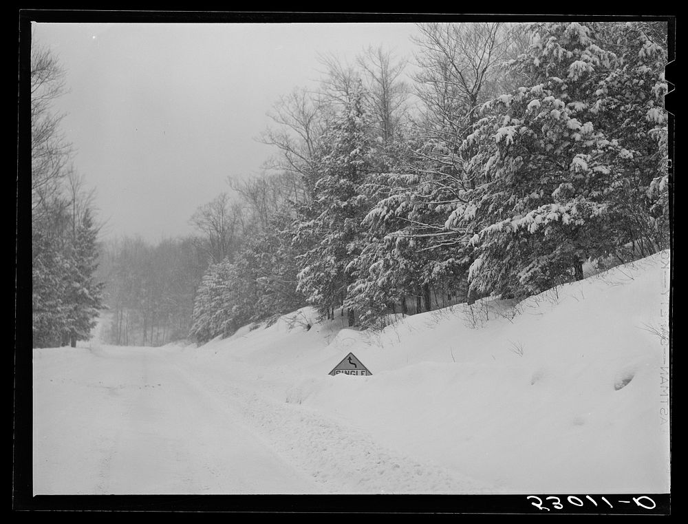 Highway during blizzard near Brattleboro, Vermont. Sourced from the Library of Congress.