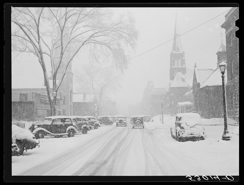 Center of town during blizzard. Brattleboro, Vermont. Sourced from the Library of Congress.