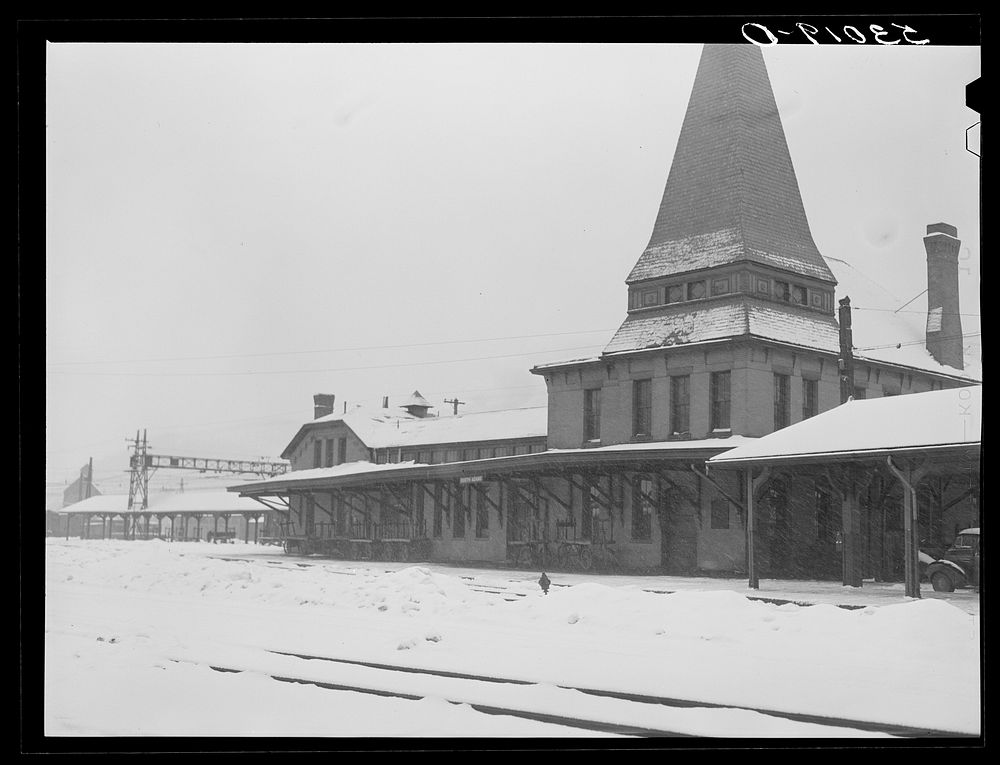 [Untitled photo, possibly related to: Railroad station during blizzard. North Adams, Massachusetts]. Sourced from the…