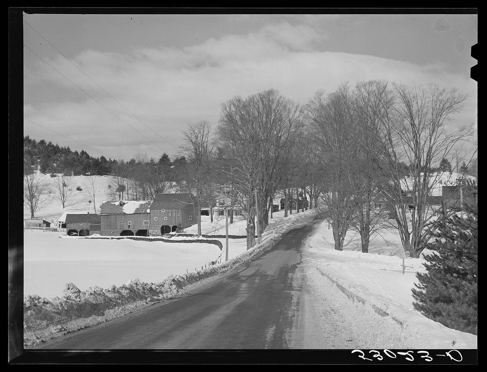 Main highway and farmhouse and dairy farm near Putney, Vermont. Sourced from the Library of Congress.