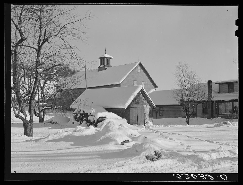 Barns and woodpile on road between Hanover and White River Junction, New Hampshire. Sourced from the Library of Congress.