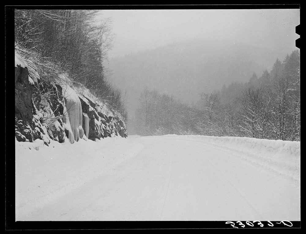Mohawk Trail between North Adams and Greenfield, Massachusetts during blizzard. Sourced from the Library of Congress.