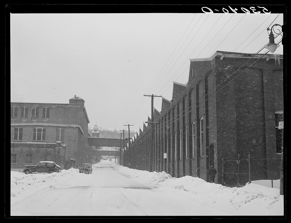 Factory during blizzard in North Adams, Massachusetts. Sourced from the Library of Congress.