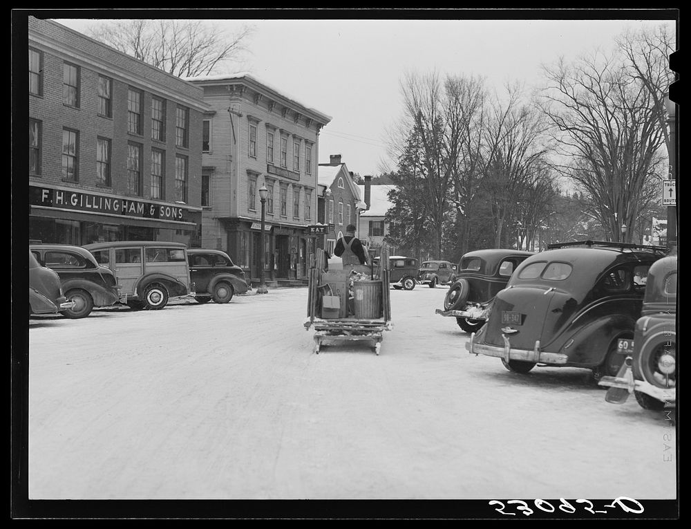 Garbage and rubbish is collected with horse and sled in winter. Woodstock, Vermont. Sourced from the Library of Congress.
