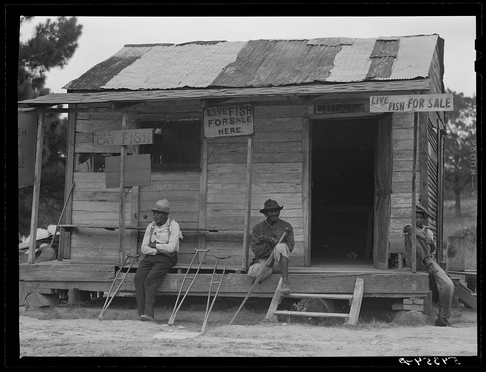 [Untitled photo, possibly related to: Natchitoches, Louisiana. A  sitting on the porch of a store where live fish are for…