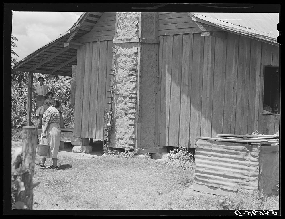 [Untitled photo, possibly related to: Melrose, Natchitoches Parish, Louisiana. Chimney built of mud and sticks on home of…