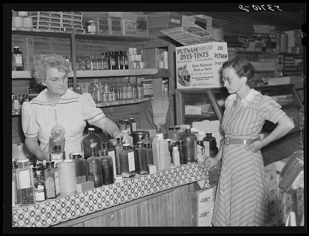 Selling drugs and medicines in doctor's office in rear of country store. Faulkner County, Arkansas. Sourced from the Library…