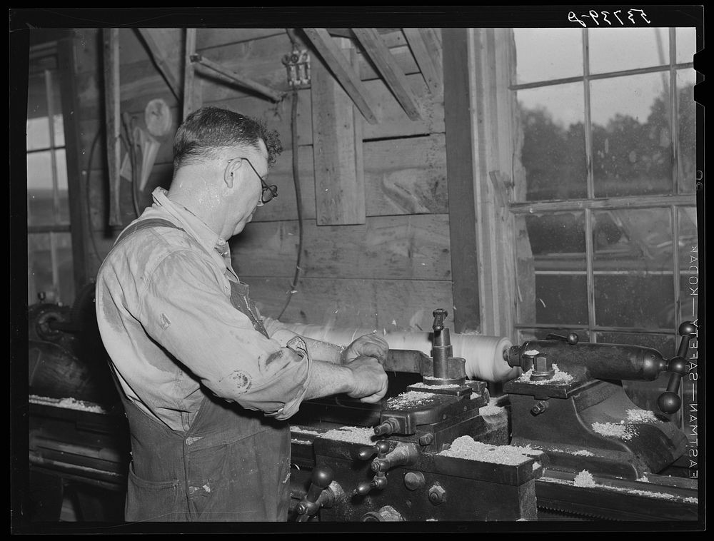 Working in machine shop. Community service center, Faulkner County, Centerville, Arkansas. Sourced from the Library of…
