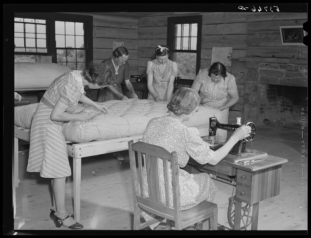 Farmers' wives working in mattress-making unit. Community service center, Faulkner County, Centerville, Arkansas (see…